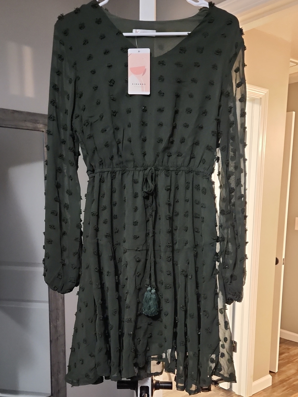 Womens Olive Green Textured Long Sleeve Dress